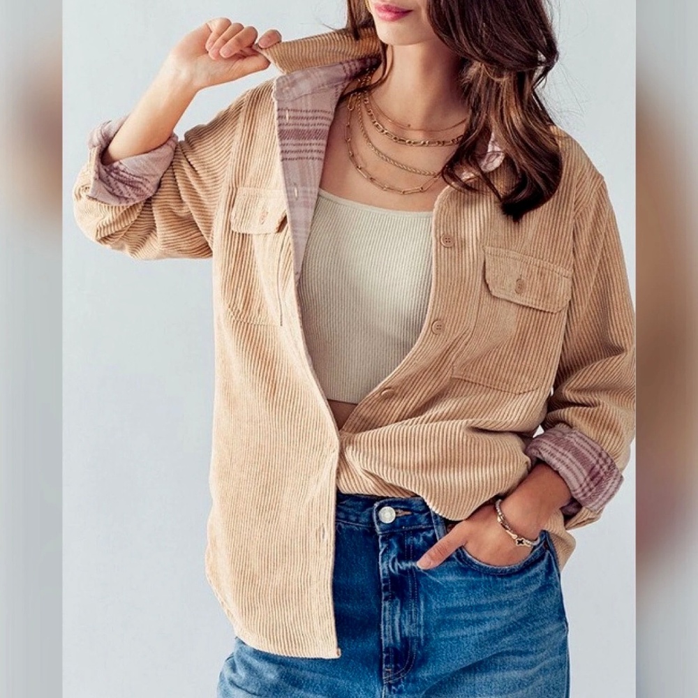 Love Tree XL Reversible Corduroy‎ Plaid Button Front Shacket Neutral Pink